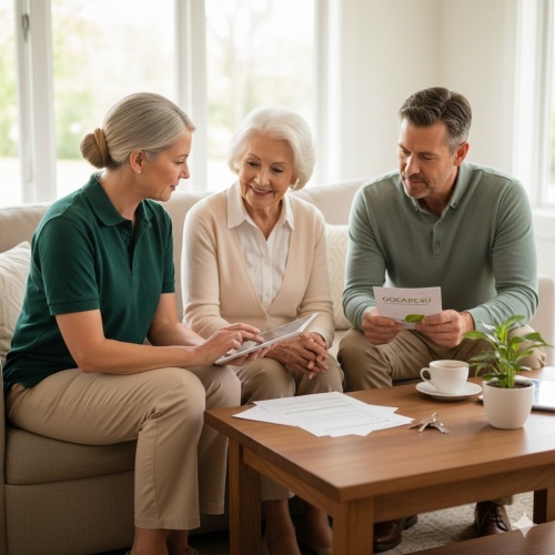 Professional consultant discussing home care options with an elderly individual in a warm, inviting setting